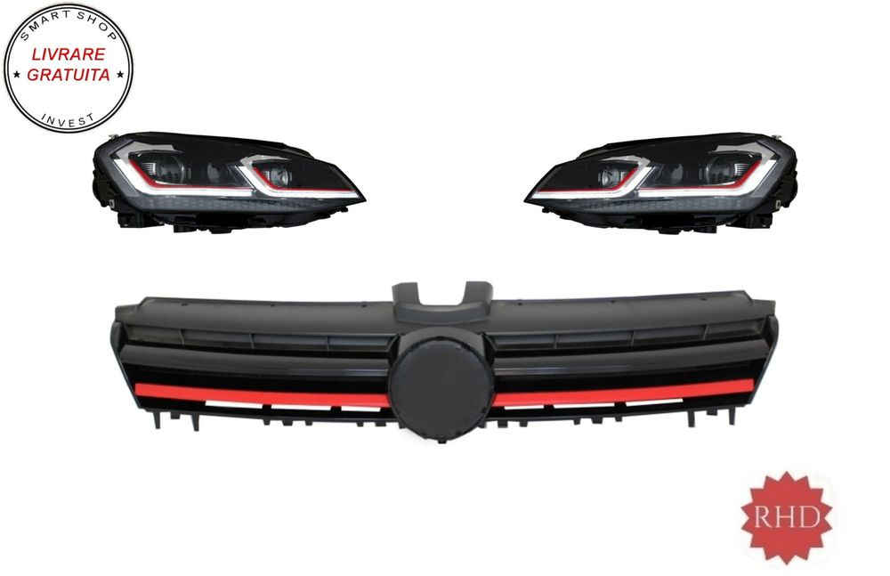 RHD Faruri LED cu Grila VW Golf 7 VII (2013-2017) R Design Rosu- livrare gratuita