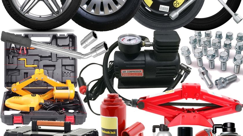 Roata Rezerva + Cric + Cheie roti + Compresor + Spray Anvelope - Pachete complete pentru pana
