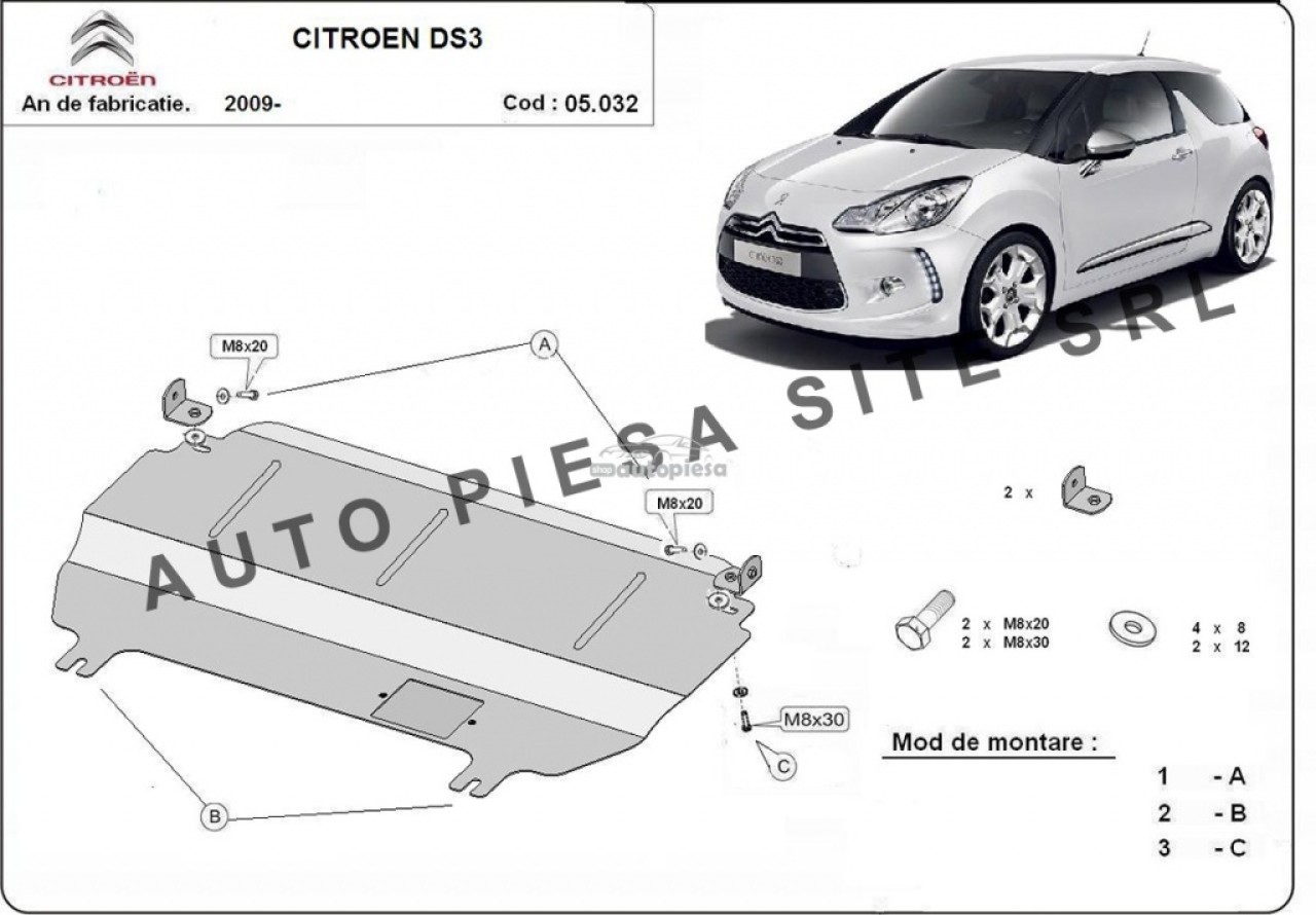 Scut metalic motor Citroen DS3 fabricat incepand cu 2009 APS-05,032 piesa NOUA