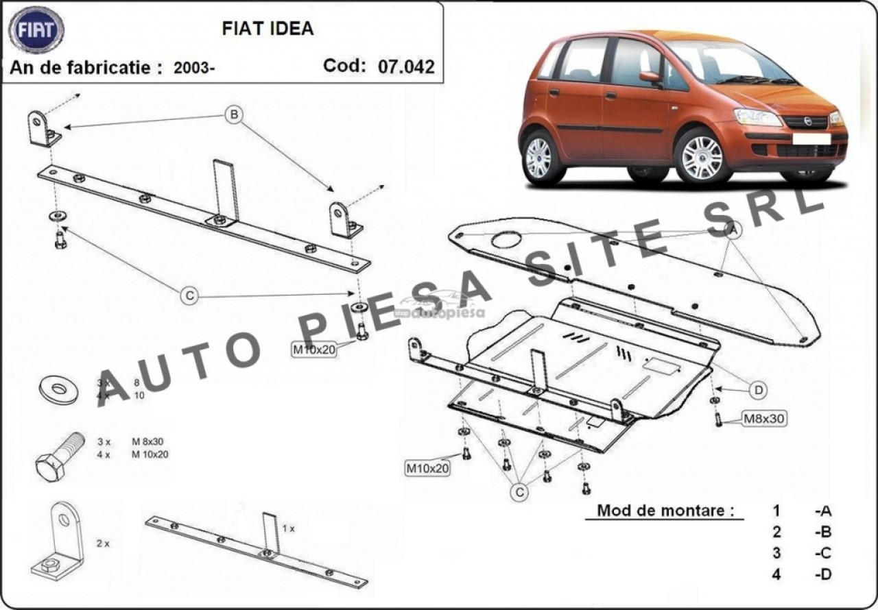 Scut metalic motor Fiat Idea fabricat incepand cu 2003 APS-07,042 piesa NOUA