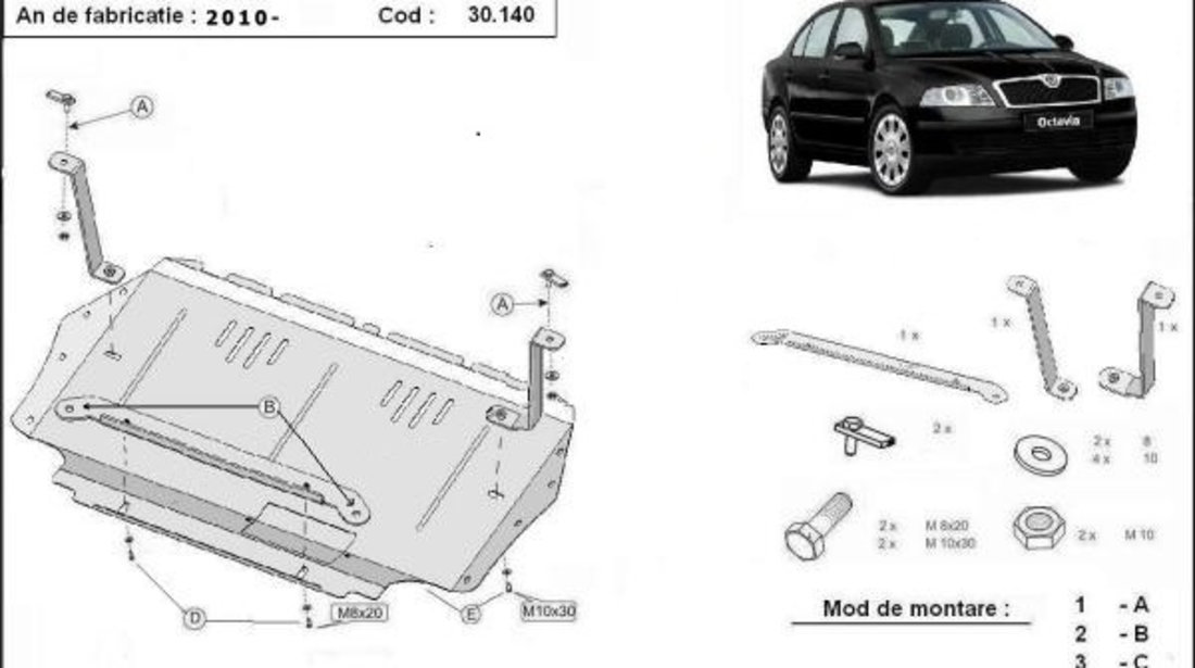 Scut motor metalic Skoda Octavia II 1.2Tsi, 1.4Tsi, 1.6 tdi, 1.8Tsi 2010-2013