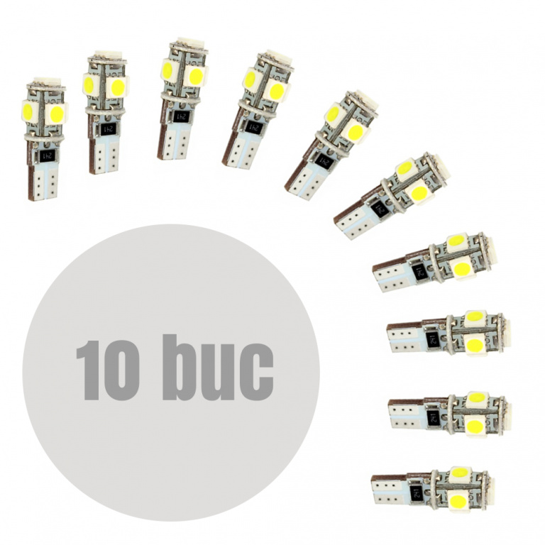 Set 10 Buc Led T10 12V 5 SMD 5050 3W Canbus Alb 6000K CLD306