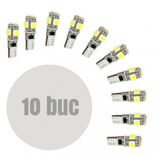 Set 10 Buc Led T10 12V 5 SMD 5050 3W Canbus Alb 6000K CLD306