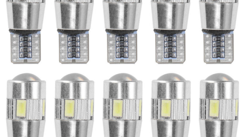 Set 10 Buc Led T10 6 SMD, W5W, Canbus, 12V, Pentru Pozitie, Plafoniere, Portbagaj, Lumina Albastru KRU115