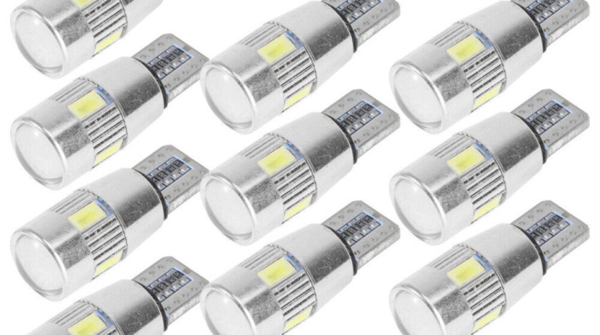 Set 10 Buc Led T10 6 SMD, W5W, Canbus, 12V, Pentru Pozitie, Plafoniere, Portbagaj, Lumina Albastru KRU115