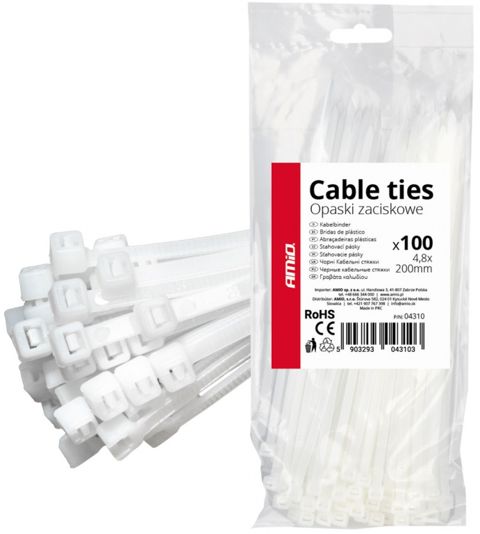 Set 100 Buc Coliere Fasete Plastic Alb 4,8x200mm Amio 04310