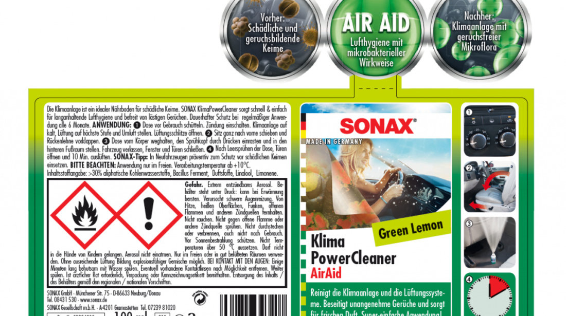 Set 12 Buc Sonax Spray Curatat Instalatie Ac Aer Aid Anti-Bacterial Green Lemon 100ML 323400