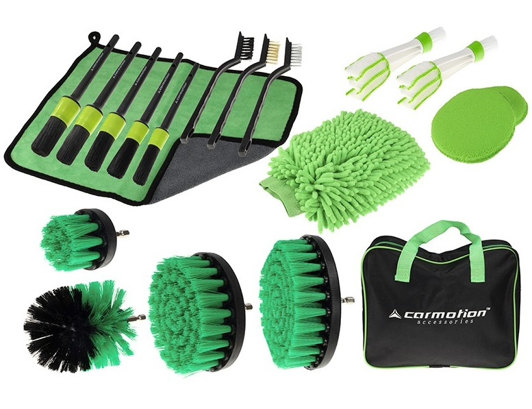 Set 19 Buc Pensule / Perii / Lavete / Bureti Detailing Auto Carmotion Negru / Verde 83100