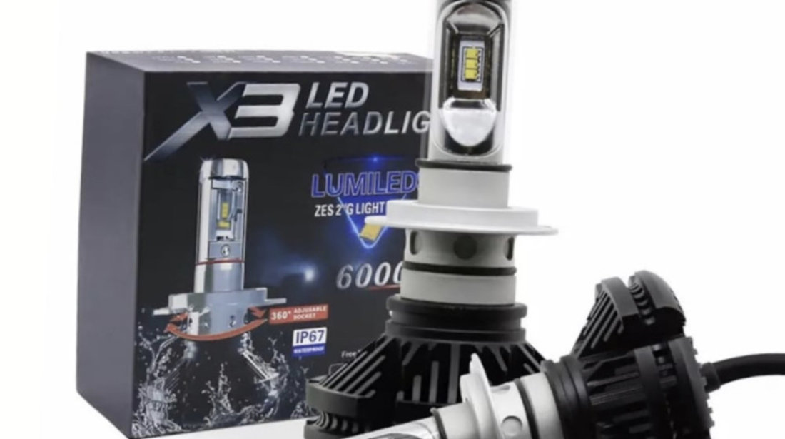 Set 2 bec led auto fara eroare canbus, model H7 , tip: X3 Premium, putere 50W, 12000 lumeni