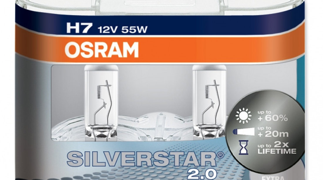 Set 2 Becuri auto cu halogen pentru far Osram H7 Silverstar+, up to 60%, 12V, 55W cod intern: DD75LBBBM