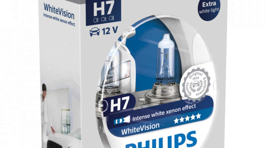 Set 2 Becuri auto cu halogen pentru far Philips H7 White Vision 12V 55W cod intern: 12972WHVSM