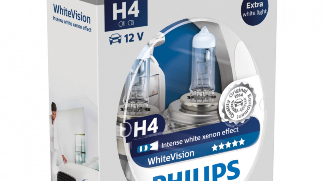 Set 2 Becuri auto cu halogen pentru far Philips H4 White Vision 12V 55W cod intern: 12342WHVSM