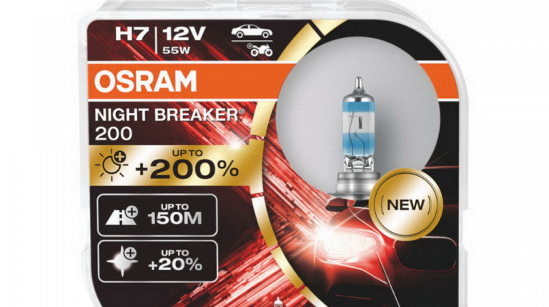 Set 2 Becuri Auto Halogen Osram Night Breaker Laser 200 64210NB200-HCB H7 12V 55W