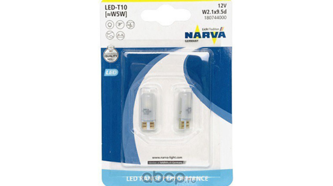 SET 2 BECURI CU LED T10 6000K 12V (W5W) W2.1X9.5D (blister) NARVA