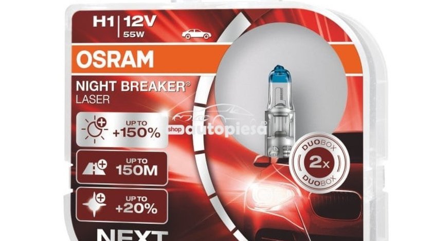 Set 2 becuri Osram H1 Night Breaker Laser Next Gen (+150% lumina) 12V 55W 64150NL-HCB piesa NOUA