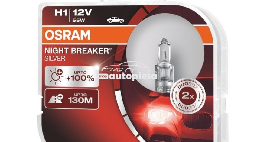 Set 2 becuri Osram H1 Night Breaker Silver (+100% lumina) 12V 55W 64150NBS-HCB piesa NOUA