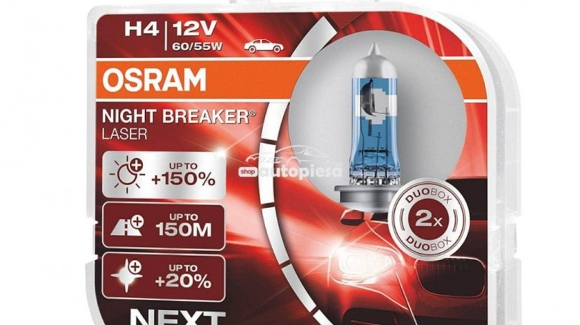 Set 2 becuri Osram H4 Night Breaker Laser Next Gen (+150% lumina) 12V 55W 64193NL-HCB piesa NOUA