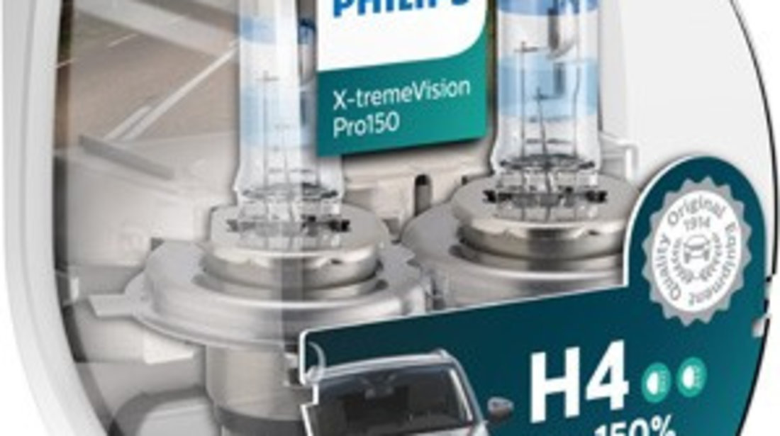 Set 2 becuri Philips H4 X-tremeVision Pro150 (+150% lumina) 12V 60/55W 12342XVPS2 piesa NOUA