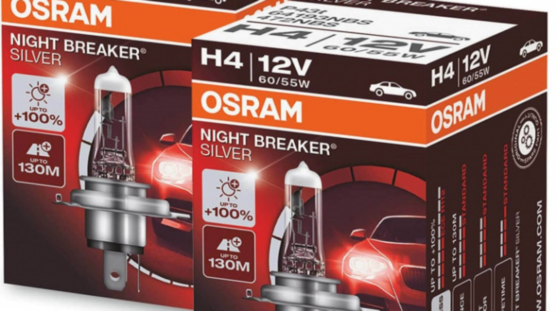 Set 2 Buc Bec Osram H4 12V 60/55W Night Breaker Silver +100% 64193NBS