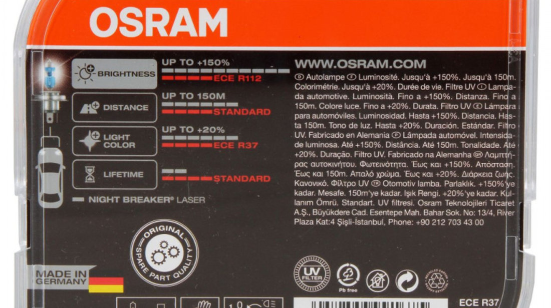 Set 2 Buc Bec Osram H4 12V 60/55W P43t Night Breaker Laser Next Gen +150% Up To 150M 64193NL-HCB