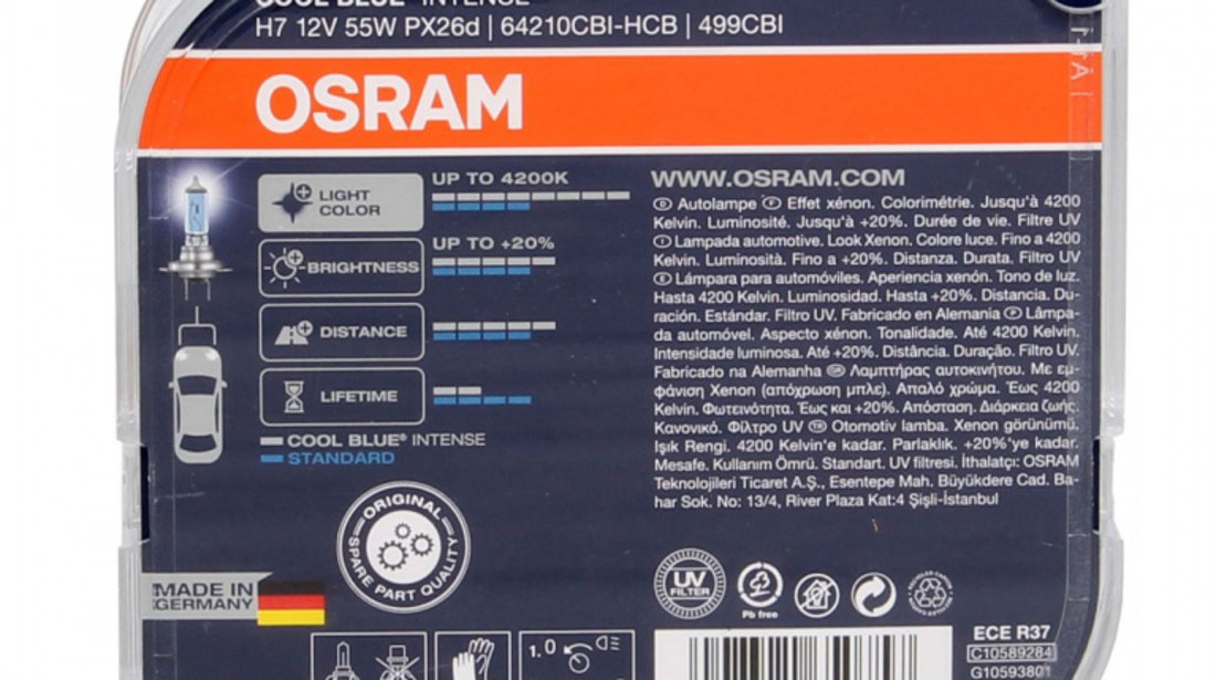 Set 2 Buc Bec Osram H7 12V 55W PX26d Cool Blue Intense CBI Xenon Look 4200K +20% 64210CBI-HCB