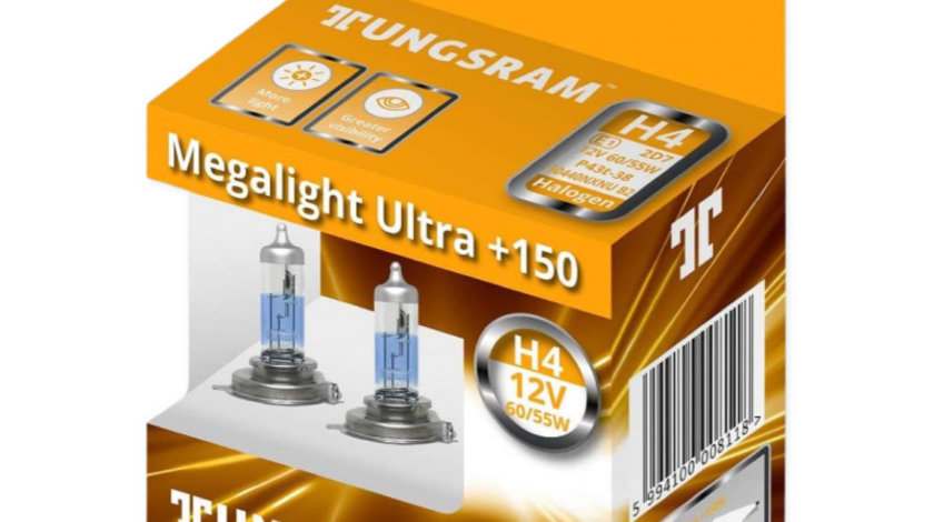 Set 2 Buc Bec Tungsram H4 Megalight Ultra +150 12V 60/55W P43T BL1414