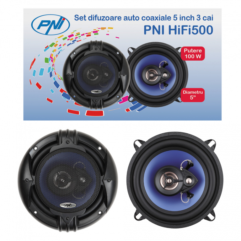 Set 2 Buc Difuzoare Auto Coaxiale PNI HiFi500, 100W, 12.7 cm, 3 Cai PNI-FI500
