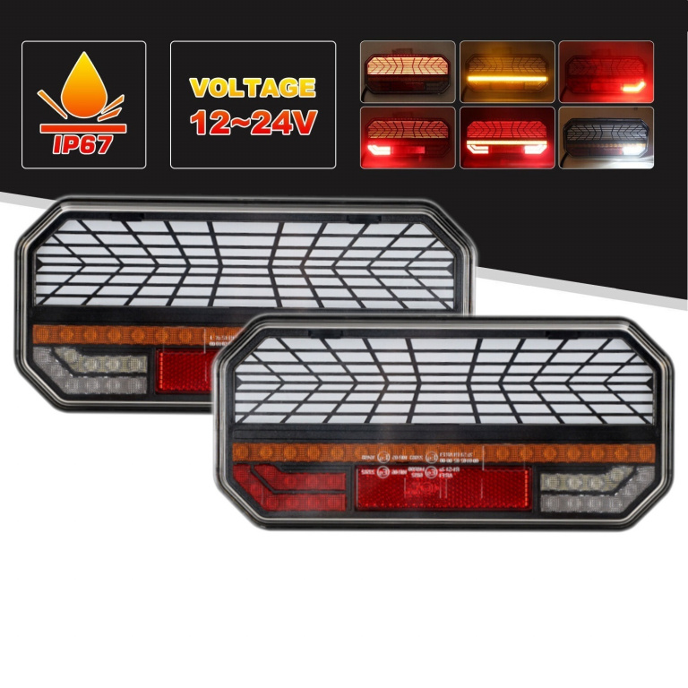 Set 2 Buc Lampi Stopuri Led Dreapta + Stanga Multifuncționale Cu Semnalizator Dinamic Efect Neon 12V / 24V 235 x 110 x 30mm E9 Pentru Microbuz, Camion, TIR, Remorcă, Rulotă, Trailer ST0511 + ST0512