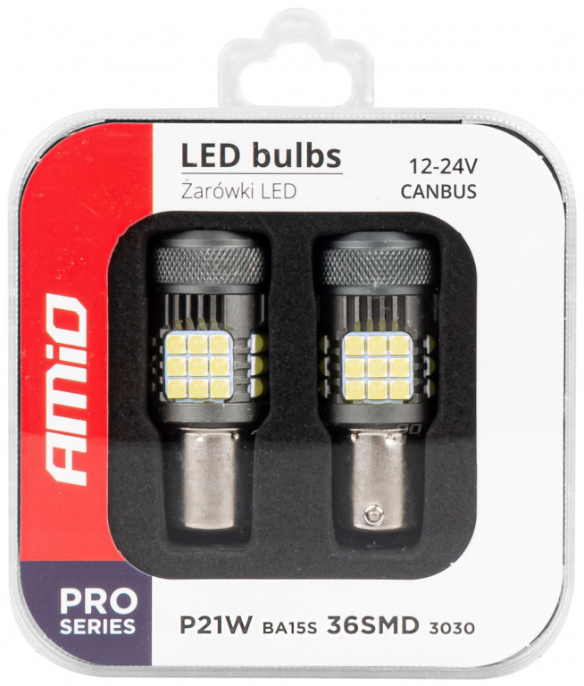 Set 2 Buc Led Amio Pro Series BA15S 12V / 24V P21W R10W R5W 1156 36 SMD 3030 Ventilator Canbus Alb 6000K 03722
