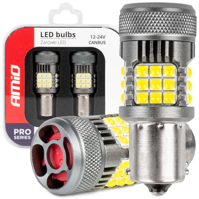 Set 2 Buc Led Amio Pro Series BA15S 12V / 24V P21W R10W R5W 1156 36 SMD 3030 Ventilator Canbus Alb 6000K 03722