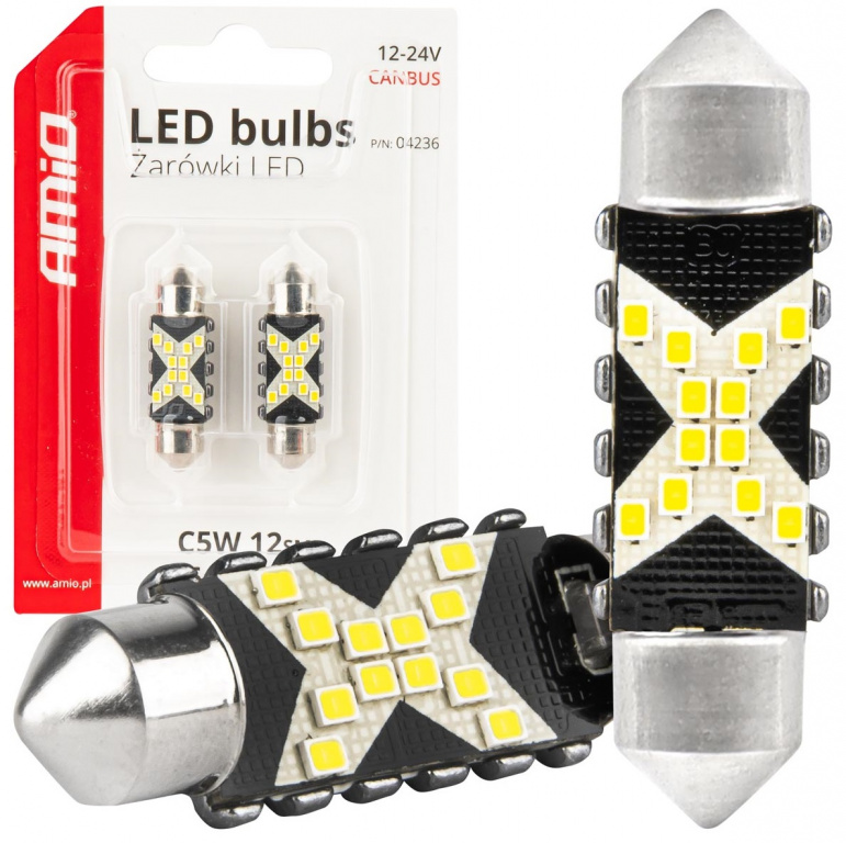 Set 2 Buc Led Amio Sofit 12V / 24V C5W 12 SMD 2016 Canbus Alb 5500K 36mm 04236