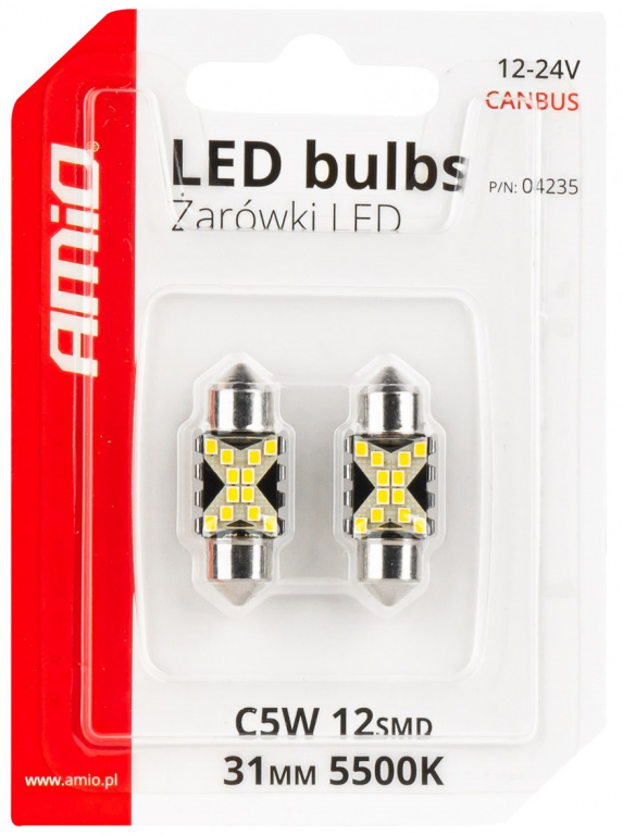 Set 2 Buc Led Amio Sofit 12V / 24V C5W 12 SMD 2016 Canbus Alb 5500K 31mm 04235