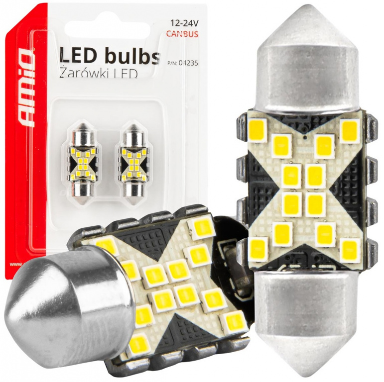Set 2 Buc Led Amio Sofit 12V / 24V C5W 12 SMD 2016 Canbus Alb 5500K 31mm 04235