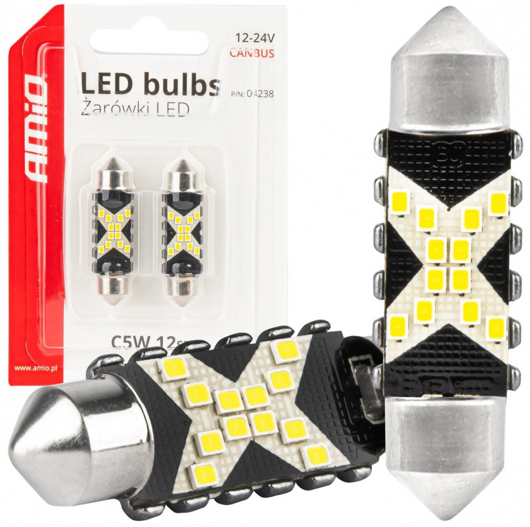 Set 2 Buc Led Amio Sofit 12V / 24V C5W 12 SMD 2016 Canbus Alb 5500K 41mm 04238