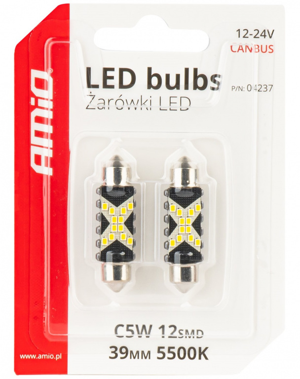 Set 2 Buc Led Amio Sofit 12V / 24V C5W 12 SMD 2016 Canbus Alb 5500K 39mm 04237