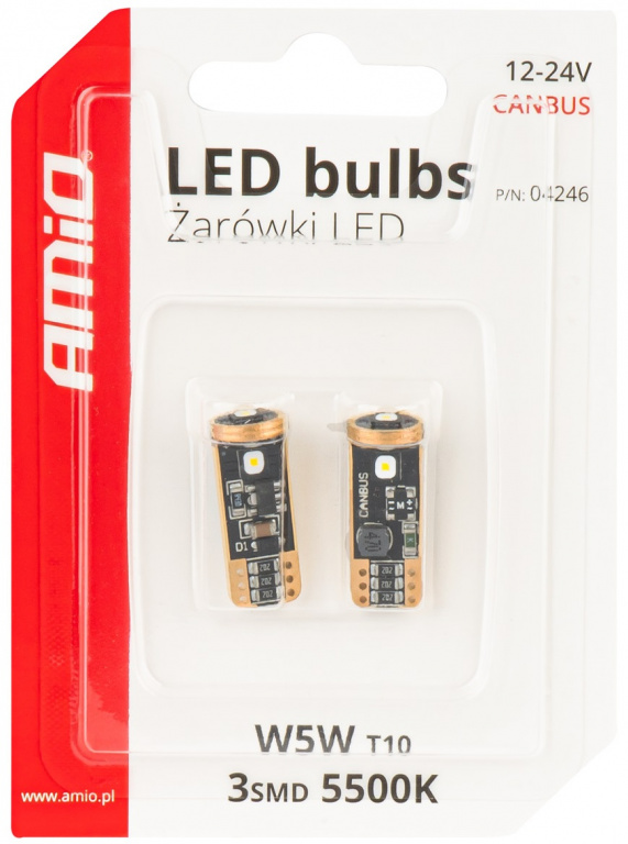 Set 2 Buc Led Amio T10 12V / 24V W5W 3 SMD 3838 Canbus Alb 5500K 04246