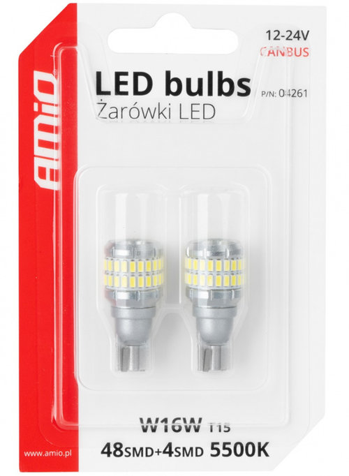 Set 2 Buc Led Amio T15 12V / 24V W16W 48 SMD 3014 + 4 SMD 3030 Canbus Alb 5500K 04261