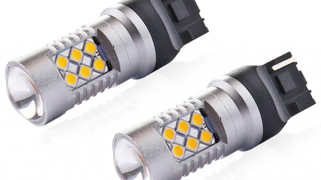 Set 2 Buc Led Amio WY21W T20 3030 24 SMD 7440 Canbus Portocaliu 12/24V 02578