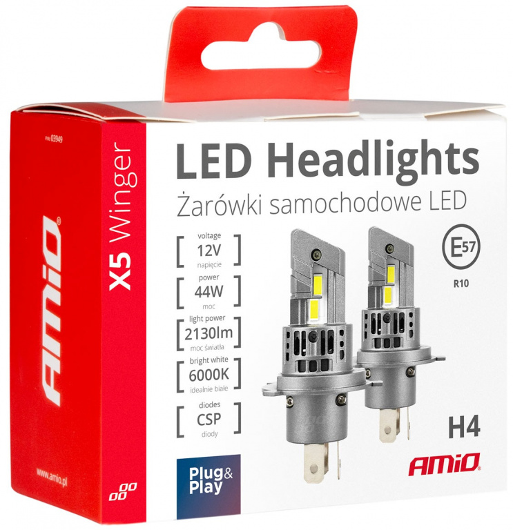 Set 2 Buc Led Amio X5 Winger H4 12V 44W 2130Lm Canbus Alb 6000K 03945