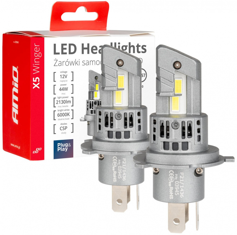 Set 2 Buc Led Amio X5 Winger H4 12V 44W 2130Lm Canbus Alb 6000K 03945