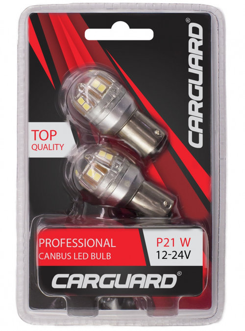Set 2 Buc Led Carguard BA15S 12V / 24V 15 SMD 2835 P21W 880Lm Canbus Alb 6000K Blister CAN139