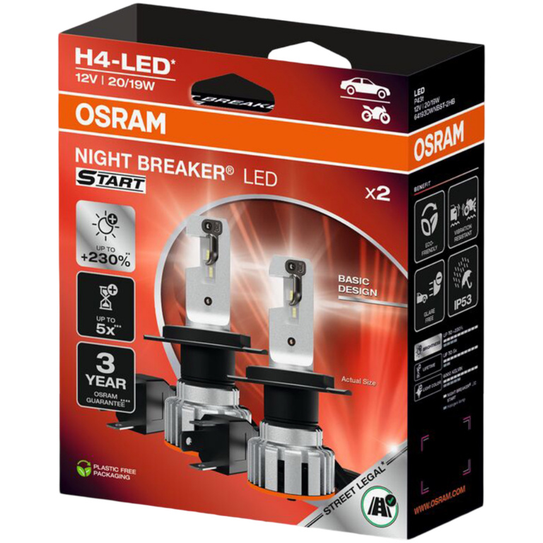 Set 2 Buc Led Osram H4 12V 19W / 20W P43T Night Breaker Led Start +230% Alb 6000K Omologate Rar 64193DWNBST-2HB
