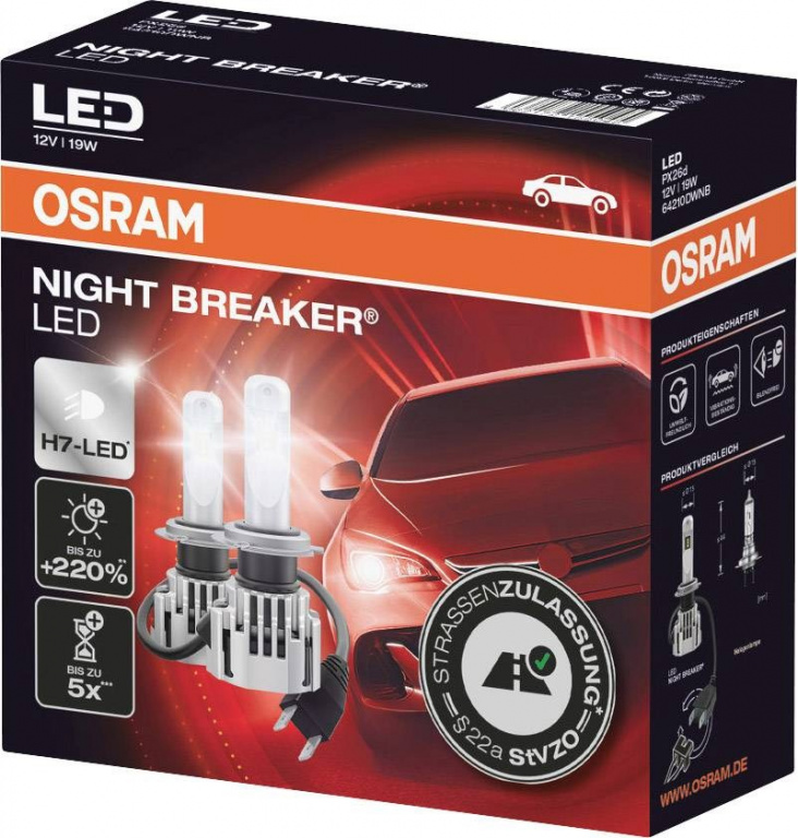 Set 2 Buc Led Osram H7 12V 19W PX26D Night Breaker LED Alb 6000K 64210DWNB