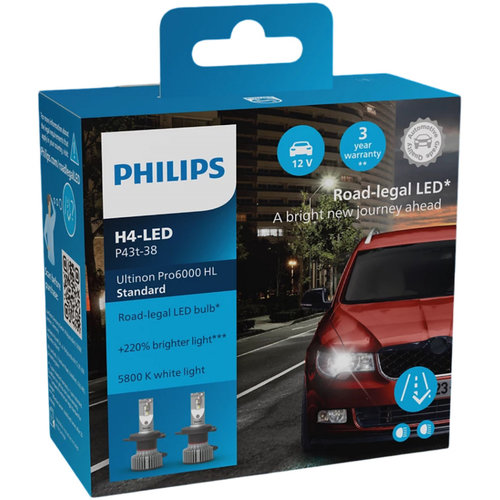 Set 2 Buc Led Philips H4 12V 19W Ultinon Pro6000 HL Boost +220% Alb 5800K Omologate RAR 11342U60SX2