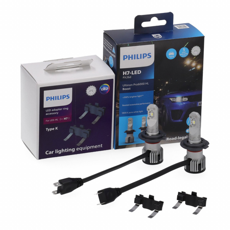 Set 2 Buc Led Philips H7 12V 18W Ultinon Pro6000 HL +300% Alb 5800K Omologate RAR 11972U60BX2 + Set 2 Buc Adaptor Bec Led H7 Philips Ford Fiesta 7 Focus 4 Opel Corsa E Typ K PX26d 11180X2