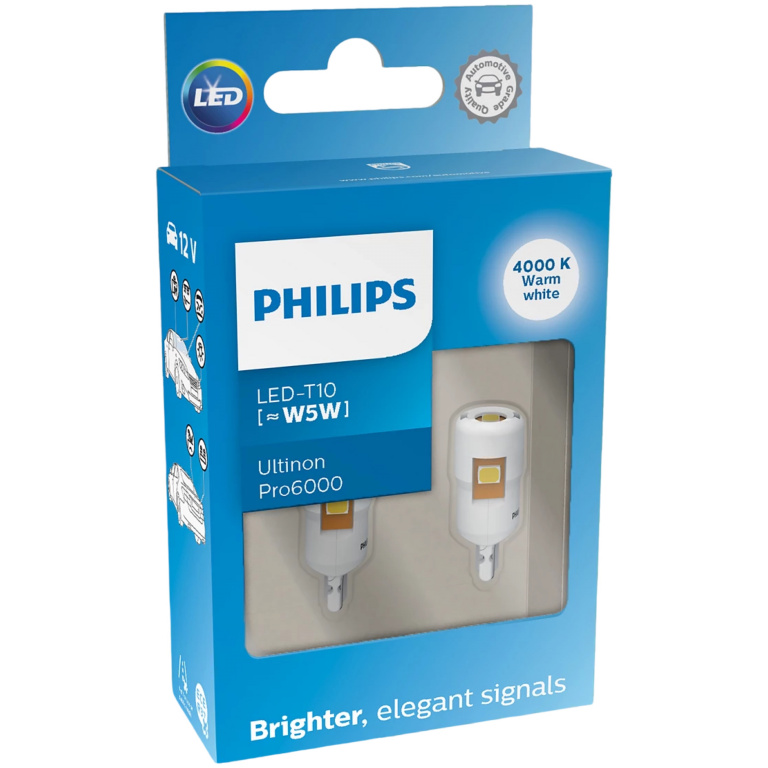 Set 2 Buc Led Philips T10 12V 0,9W Ultinon Pro6000 Alb 4000K 11961WU60X2