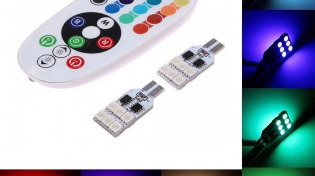 Set 2 Buc Led T10 12 Smd Multicolor Rgb Cu Telecomanda LED 569