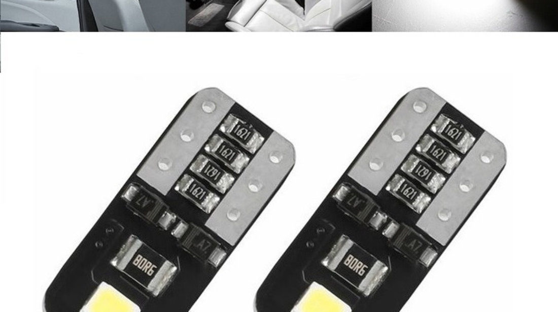 Set 2 Buc Led T10 2 SMD, W5W, Canbus, 12V, Pentru Pozitie, Plafoniere, Portbagaj, Lumina Alb 6000K KRU110