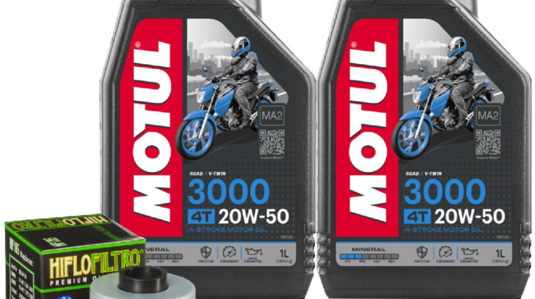 Set 2 Buc Ulei Motor Motul 3000 4T 20W-50 1L 107318 + Filtru Ulei Moto / Scuter Hiflofiltro Peugeot 125 Satelis 2 Premium 2012-2018 HF185