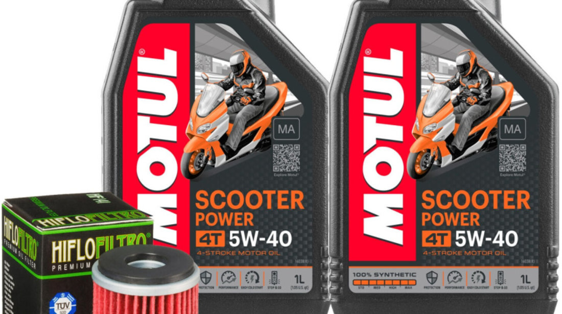 Set 2 Buc Ulei Motor Motul 4T Scooter Power 5W-40 1L 105958 + Filtru Ulei Moto Hiflofiltro Yamaha YP125 Ra Xmax 2011-2017 HF141